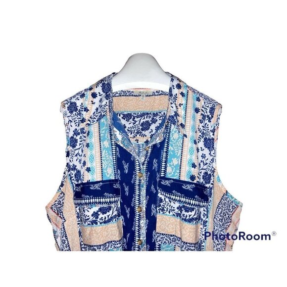 Mph Collection Womens 2X Plus Pink & Blue Button Up Collared Sleeveless Dress - Picture 2 of 6